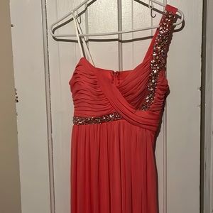 Coral Floor Length One Shoulder Formal Dress with Gemstones